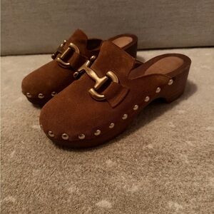 Boden Brown Suede Studded Clog Mules with Gold Bit